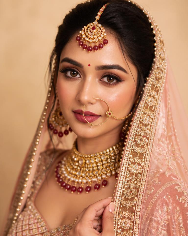 Classic bridal makeup with expressive eyes and a balanced lip